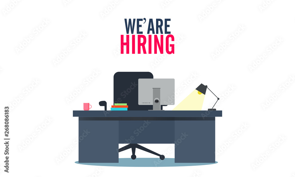 Fototapeta premium We're hiring. illustration background. - Vector Workplace with a computer in the office.
