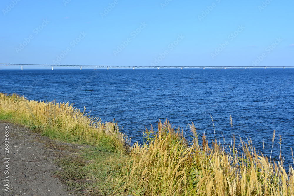 Landscape with blue water in the river, dry herbs on the bank, new bridge on the horizon and light blue sky.