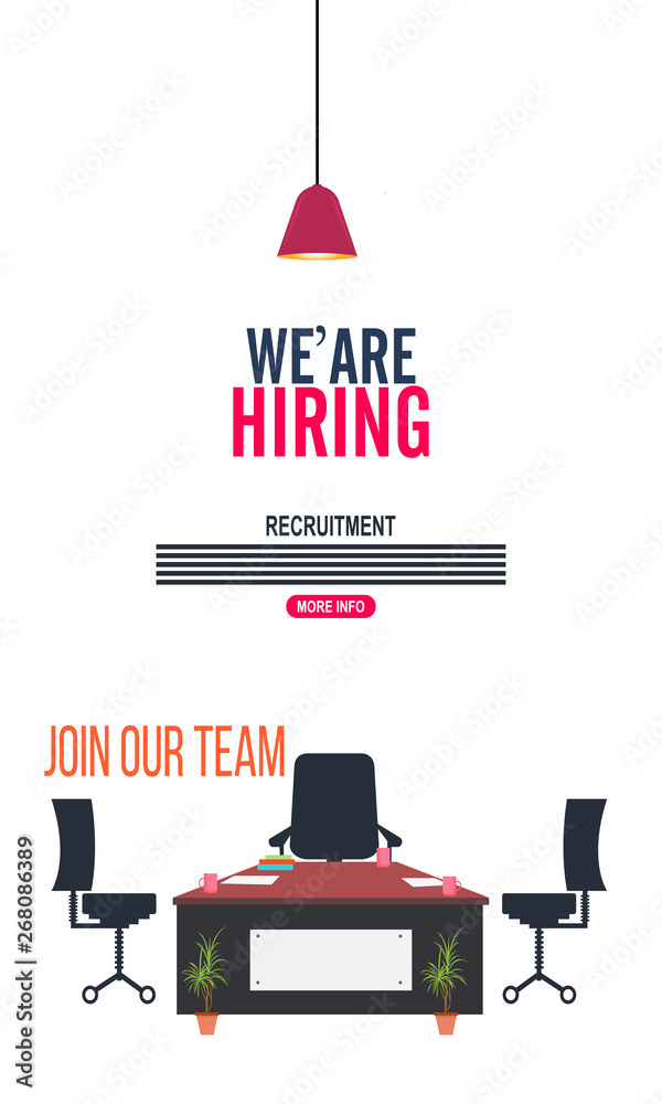 Fototapeta premium We're hiring and join our team concept with Office interior modern flat vector illustration. Business table with computer monitor and chair on white background.