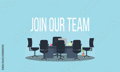 Join our team with sign vacant office chair blue background. Business recruiting concept with office chair. - Vector