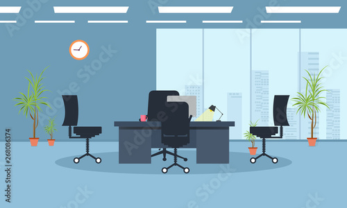 join our team concept with Office interior modern flat vector illustration. Business table with computer monitor and chair. Big window with skyscrapers on background.