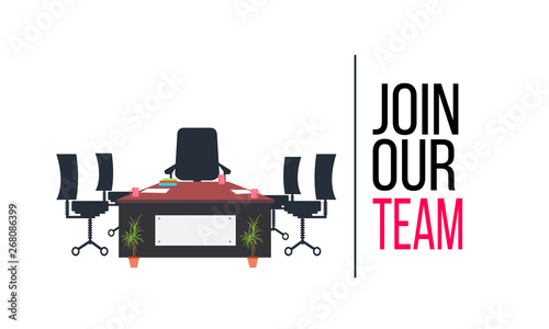 Join our team concept with Office interior modern flat vector illustration. Business table with computer monitor and chair on white background.