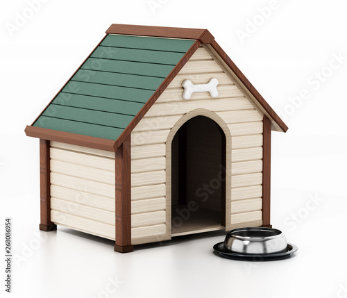 Doghouse and food bowl isolated on white background. 3D illustration