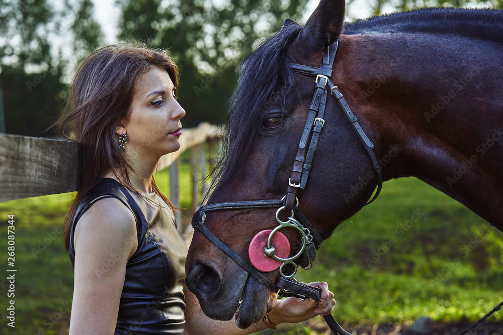 Obraz premium A young brunette woman in a black dress communicates with a dark brown horse on a sunny summer evening. Evening walk with a horse. Close-up.