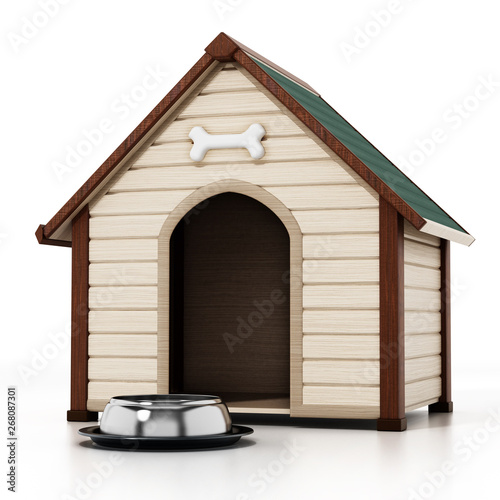 Doghouse and food bowl isolated on white background. 3D illustration