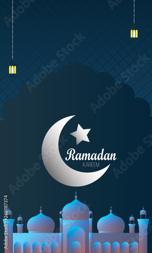 beautiful ramadan kareem greeting card design, Ramadan Kareem greeting with mosque and calligraphy lettering background. Vector