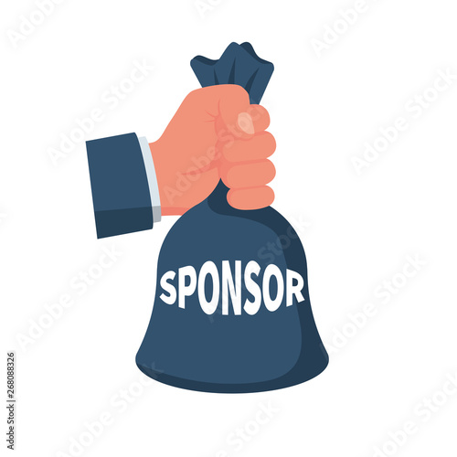 Sponsor concept. Businessman holds a bag with money to invest. Vector illustration flat design. Isolated on white background. Business icon.