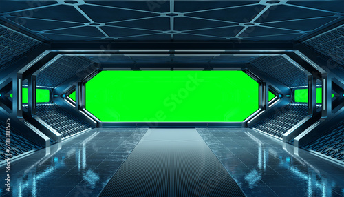 Fototapeta Naklejka Na Ścianę i Meble -  Dark blue spaceship futuristic interior mockup with window 3d rendering