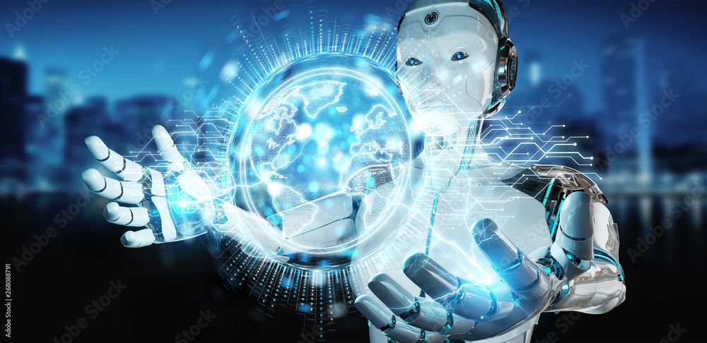 White robot woman using globe network hologram with America Usa map 3D rendering White robot woman using globe network hologram with America Usa map 3D rendering