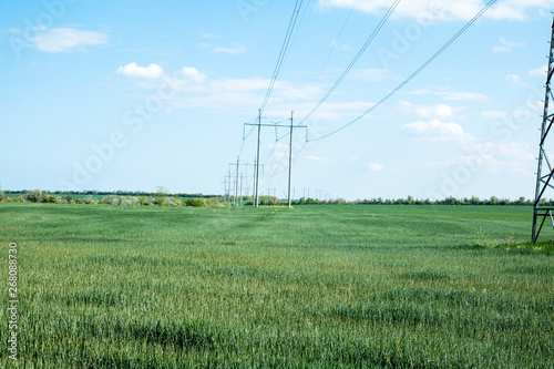 high voltage electric poles on green field
