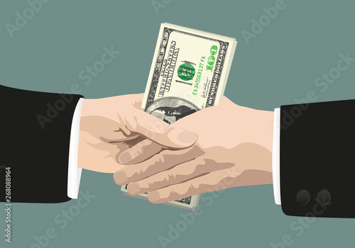 Concept de la corruption dans le milieu des affaires et de la politique avec le symbole d’une poignée de main tenant un billet de banque de 100 dollars. photo