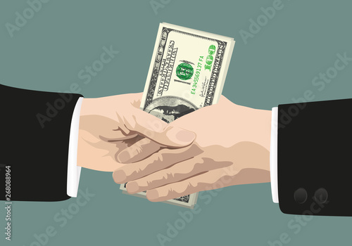 Concept de la corruption dans le milieu des affaires et de la politique avec le symbole d’une poignée de main tenant un billet de banque de 100 dollars.