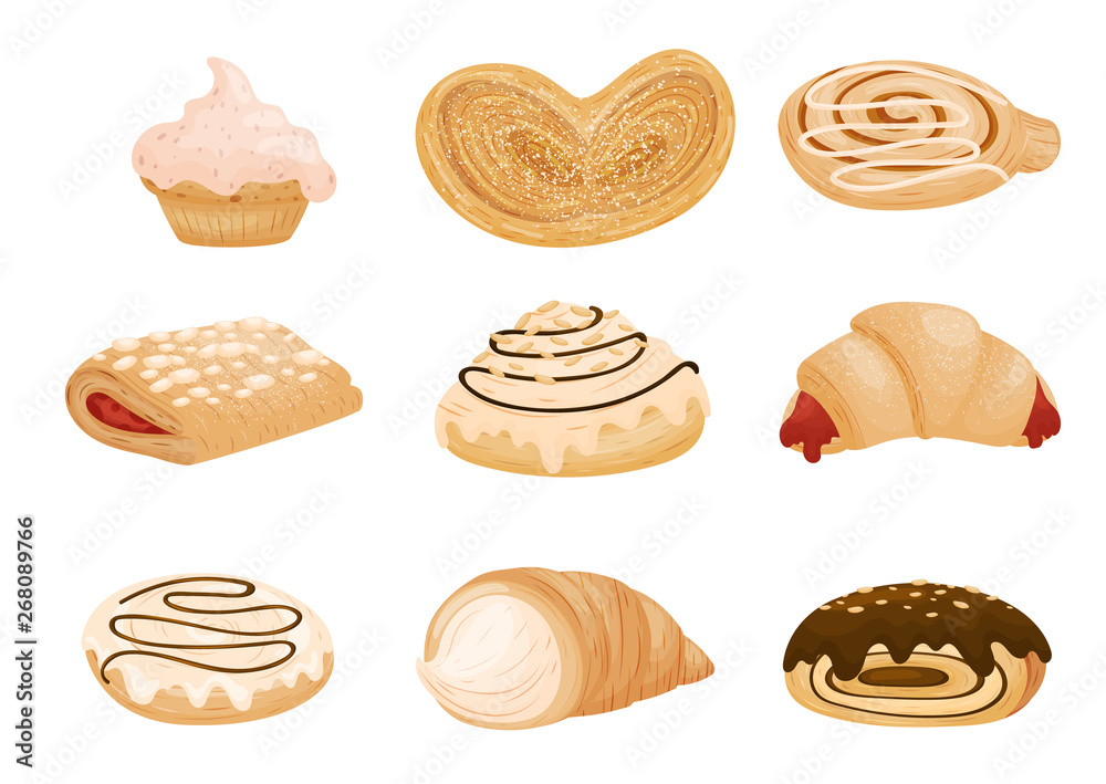 Collection of various buns and cookies. Vector illustration on white background.