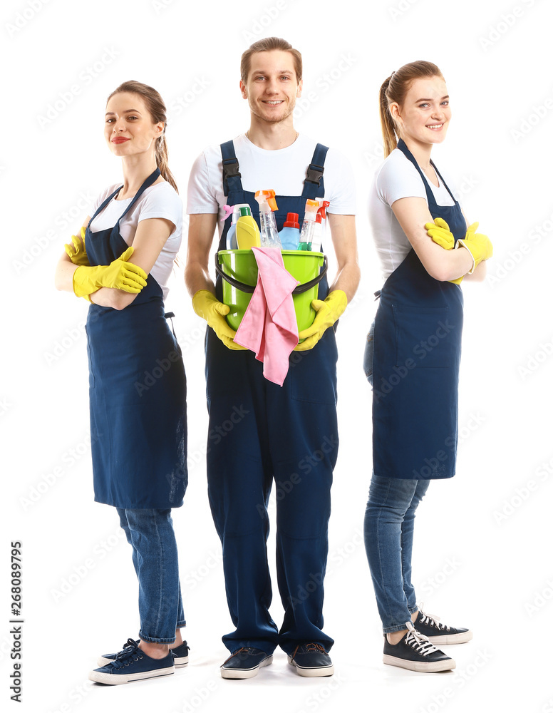 Cleaning service workers on white background Cleaning service workers on white background