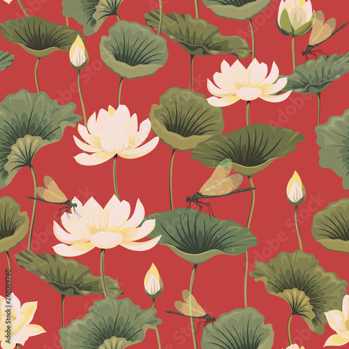 Seamless pattern with lotuses and dragonflies