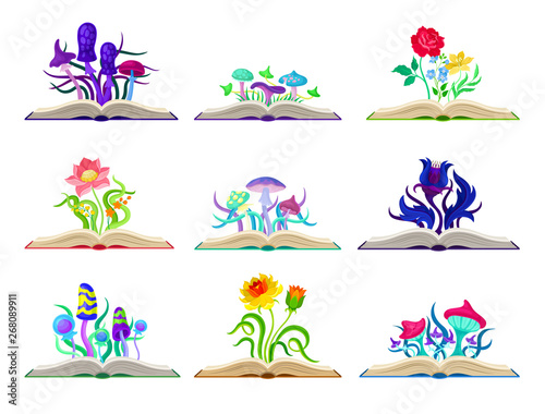 Set of colorful mushrooms and flowers. Vector illustration on white background.