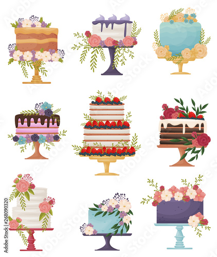 Set of beautiful festive cakes on a stand. Vector illustration on white background.