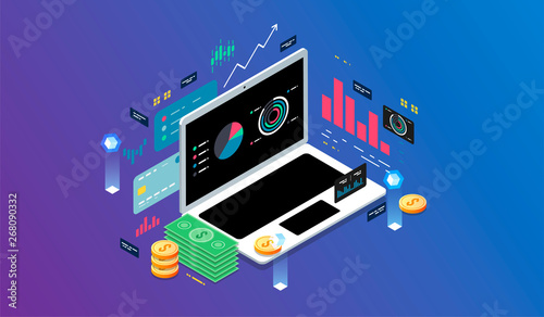 Isometric design concept virtual reality and augmented reality. software development and programming. Finance and payment system. isometric vector technology