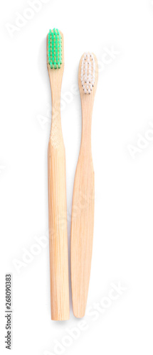 Wooden toothbrushes on white background. Zero waste concept