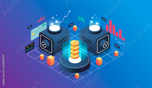 Isometric design concept virtual reality and augmented reality. software development and programming. Finance and payment system. isometric vector technology