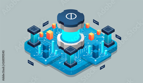 Isometric design concept virtual reality and augmented reality. software development and programming. Computation of big data center, quantum computer isometric vector technology
