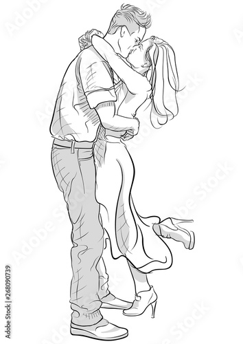 Romantic Kissing and Hugging Couple - Black and White Hand Drawn Illustration, Vector Graphic