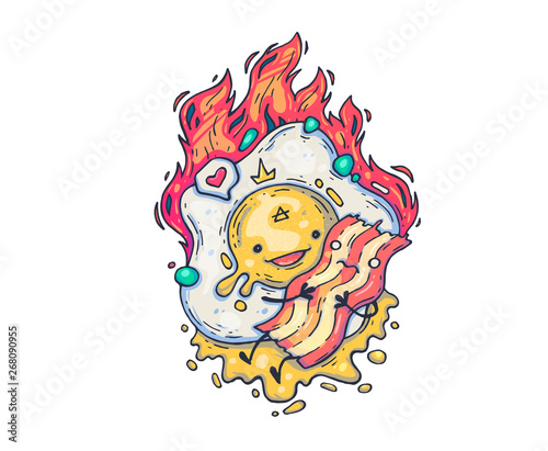 scrambled eggs hugs bacon. Cartoon illustration for print and web. Character in the modern graphic style.