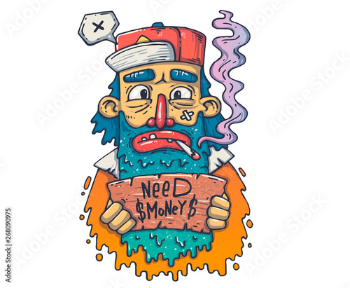 homeless with a sign. Cartoon illustration for print and web. Character in the modern graphic style.