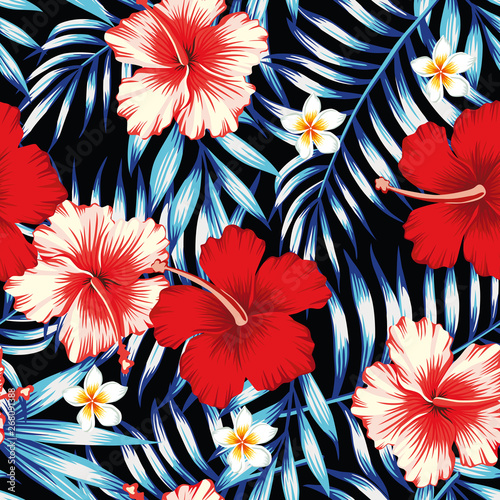 hibiscus red and palm leaves blue seamless background