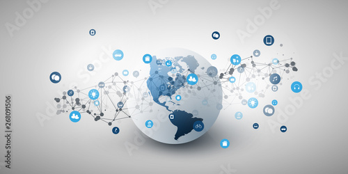 Internet of Things, Cloud Computing Design Concept with with North and South America Side of the Earth Globe and Icons - Global Digital Network Connections, Smart Technology Concept 