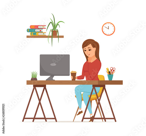 Woman working on computer colorful vector concept. Cartoon flat style illustration