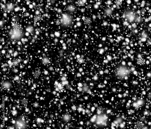 Snowfall on black isolated background. Falling snowflakes design. Winter decoration concept.