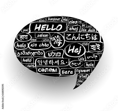 Hello speech bubble word cloud in many different languages.