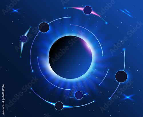Earth in the space. Stars on the background. Astronomy and science. Use for infographics or as an vector illustration. 