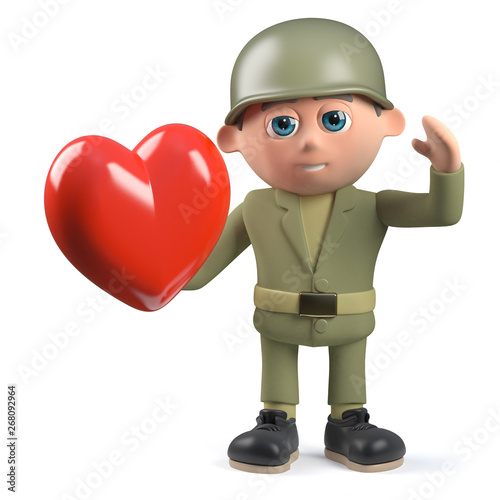 3d army soldier character holding a romantic red heart