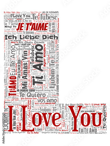 Vector conceptual sweet romantic I love you multilingual message letter font L red word cloud isolated background. Collage of valentine day, romance affection, happy emotion or passion lovely concept