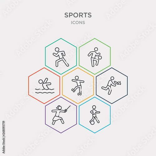 simple set of sportive man playing with a ball, oriental man with a sword, waiter falling, ice skating man icons, contains such as icons swimming figure, person kicking ball with the knee, sprinting