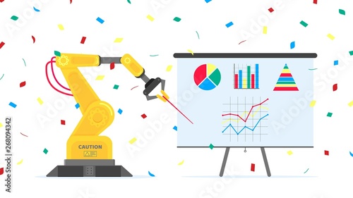 Robotic arm flat style design vector illustration icons signs isolated on white background. Robot arm or hand do report on flip chart infographics. Modern smart industry 4.0 technology.