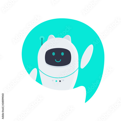 Robot cat chatbot icon sign flat style design vector illustration isolated on white background. Cute AI bot helper mascot character concept symbol business assistant.