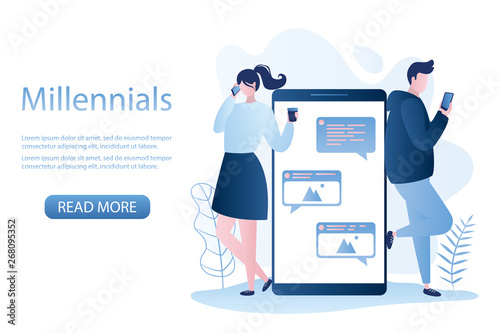 Two young people characters standing with cellphones,big mobile phone with speech bubbles