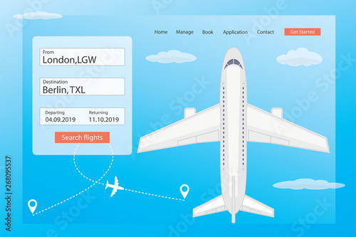 White airline in sky-top view.Flat vector illustration
