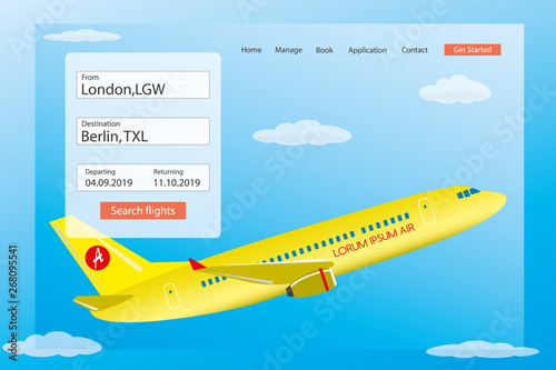 Landing page for search and book travel ticket.web banner template.Yellow airline in sky