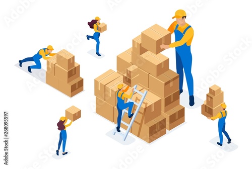 Isometric The work of movers in the warehouse, placing boxes, collecting goods. Concept for web design