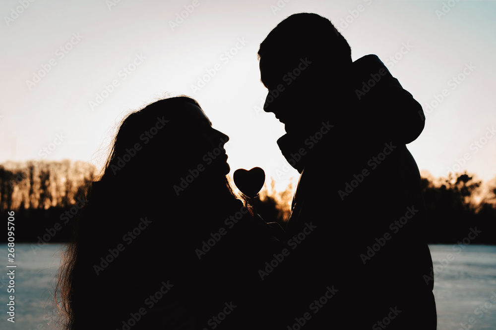 Silhouette of a lovely couple against the background of the lake and evening sky in the park.