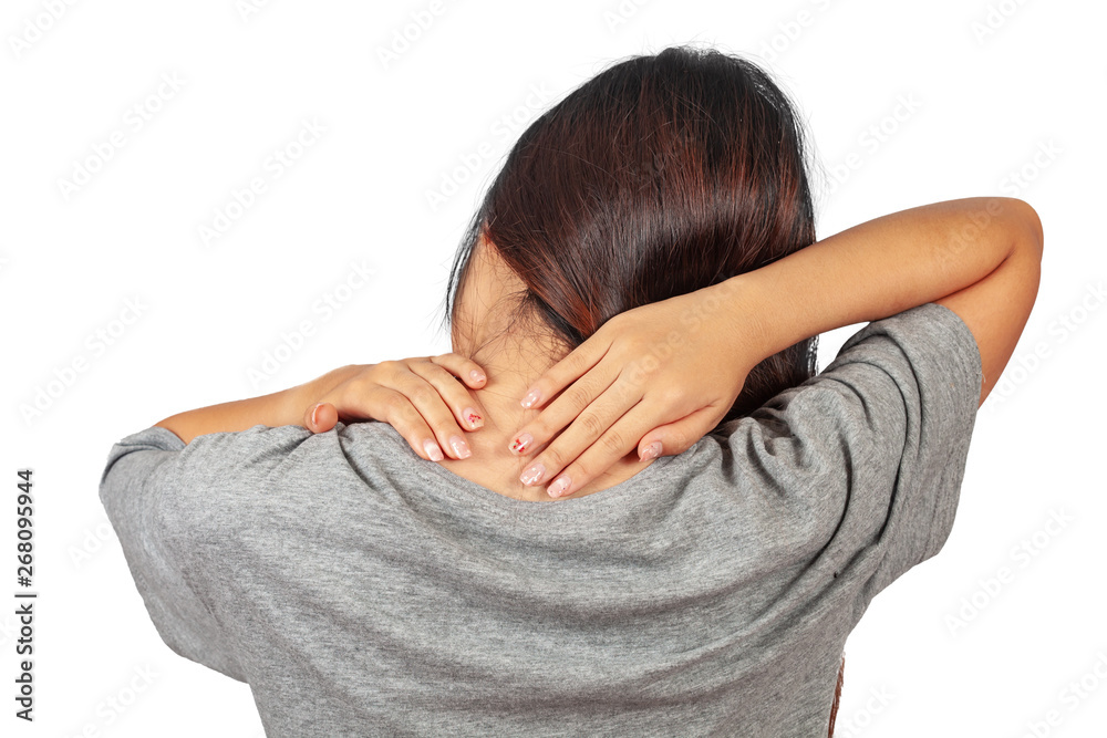 Woman feeling neck pain, massaging tense muscles,Aches and pains Woman feeling neck pain, massaging tense muscles,Aches and pains