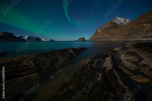 Aurora borealis or North light over Haukland beach, Lofoten archipelago, Norway © skazzjy