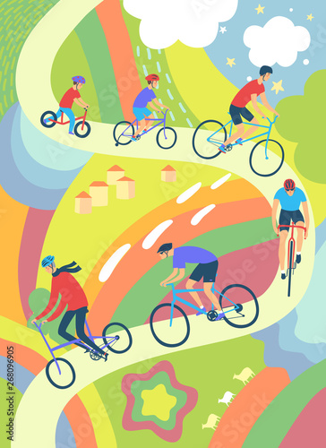 Cycling people on decorative colorful background © shtonado