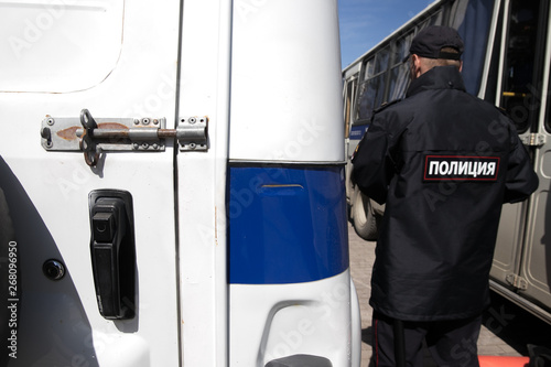 Russian police squad formation back view with. inscription - Rosgvardia photo