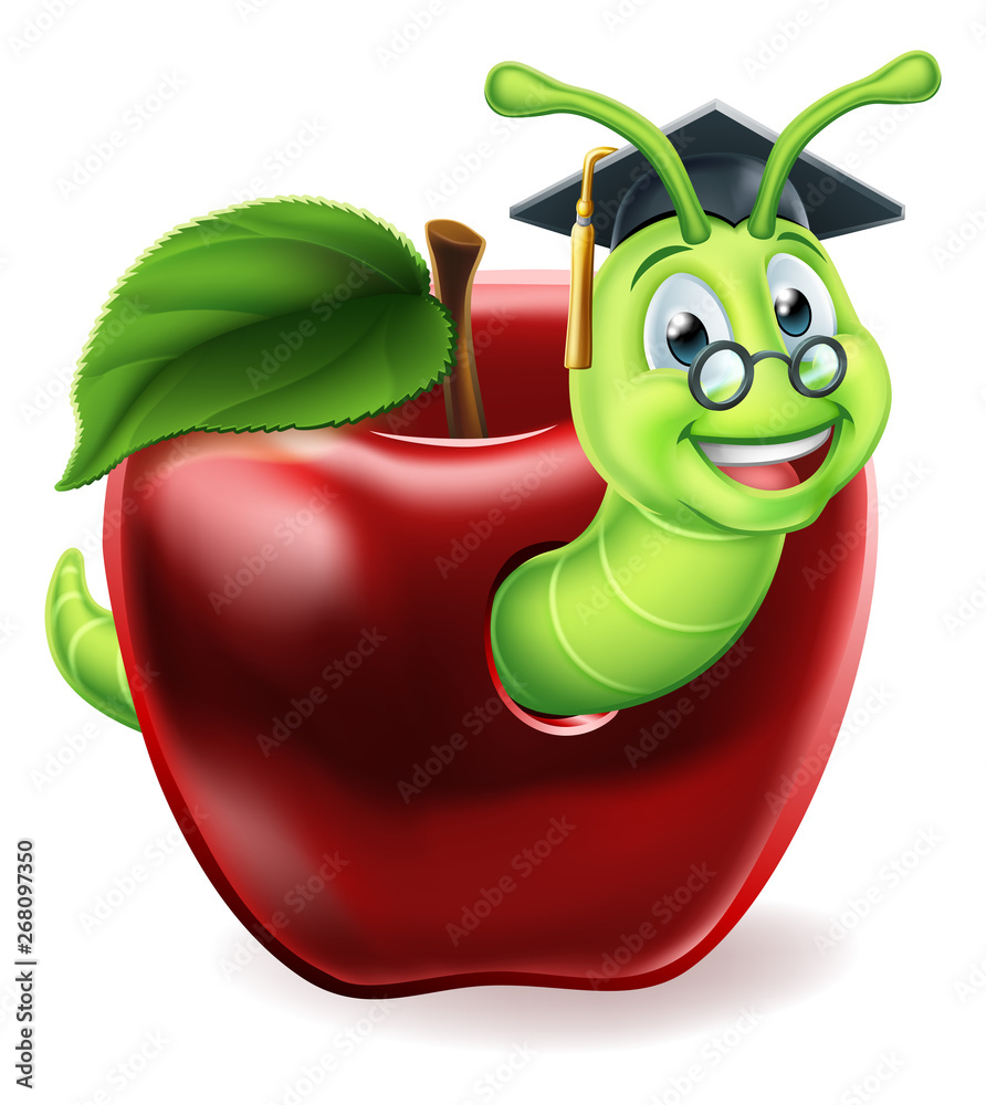 A caterpillar bookworm worm cute cartoon character education mascot coming  out of an apple wearing graduation hat and glasses Stock Vector | Adobe  Stock