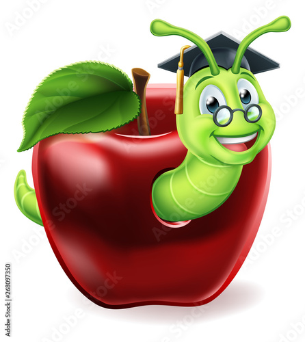 A caterpillar bookworm worm cute cartoon character education mascot coming out of an apple wearing graduation hat and glasses